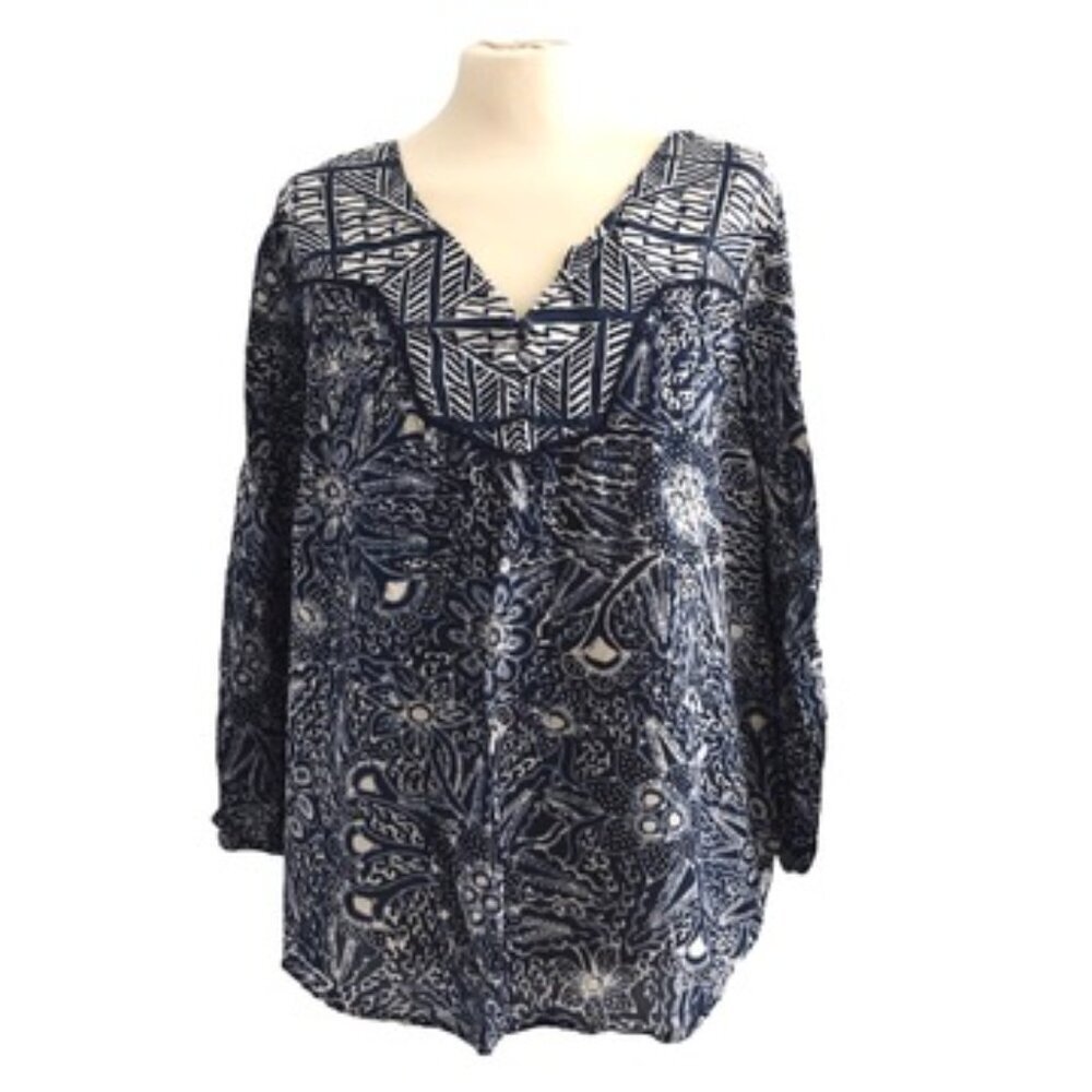 Lucky Brand Blue Printed Blouse Size XL Western Boho Cottagecore